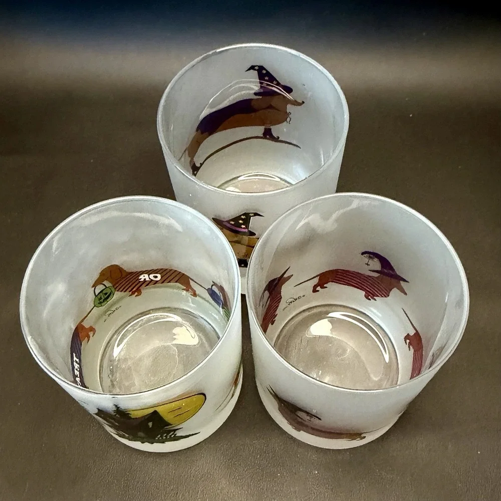 Culver Frosted Halloween Lowball Glasses Set of 3 Weiner Dog Puppy Spooky FUN